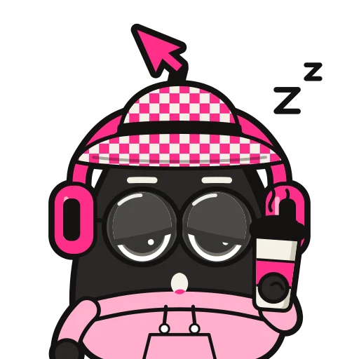 An ink-black Bop in a bucket hat with a coffee